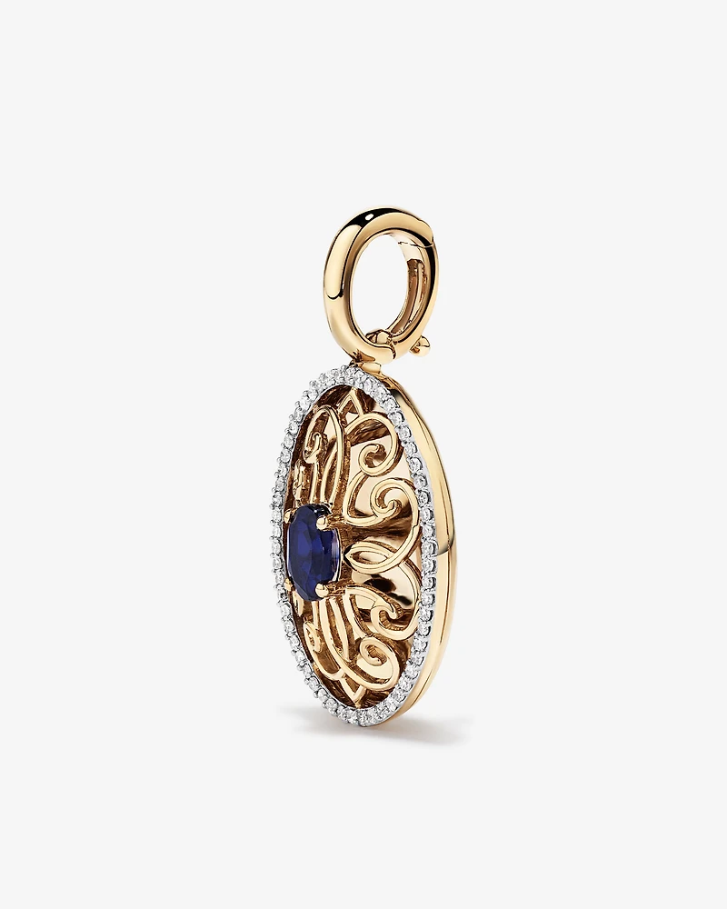 Pendentif Rehausseur En Filigrane Halo Ovale Avec Pierre Précieuse Saphir Créée Bleue Et Diamants En Or Jaune 10Ct