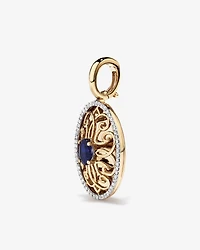 Pendentif Rehausseur En Filigrane Halo Ovale Avec Pierre Précieuse Saphir Créée Bleue Et Diamants En Or Jaune 10Ct