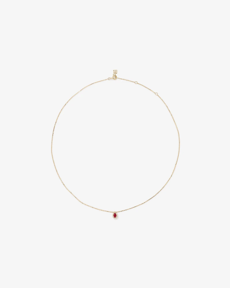 Pear Cut Red Ruby Gemstone and 0.05 Carat TW Diamond Halo Necklace in 10kt Yellow Gold