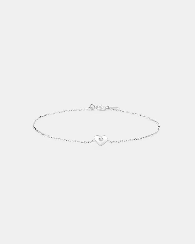 Bracelet en argent de 19 cm à cœur miniature et diamants totalisant 0,004 ct