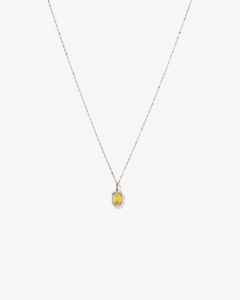 Emerald Cut Citrine and Diamond Halo Pendant with Chain in 10kt Yellow Gold