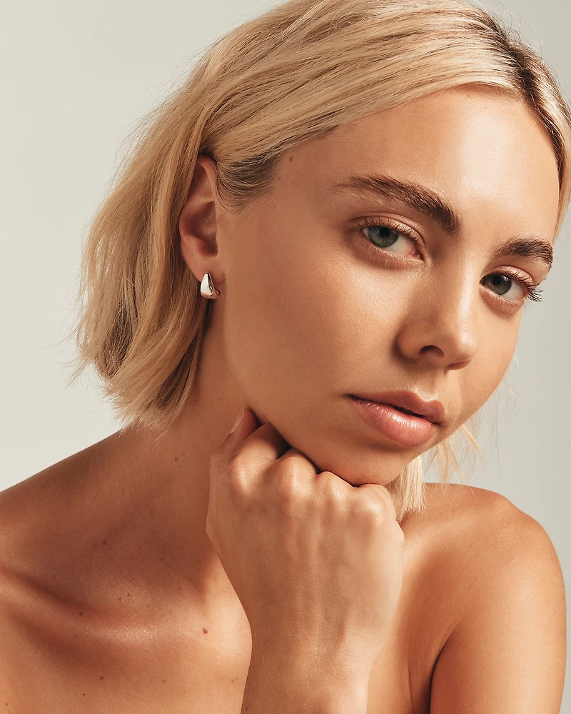 Polished Small Half Hoop Dome Stud Earrings in Sterling Silver