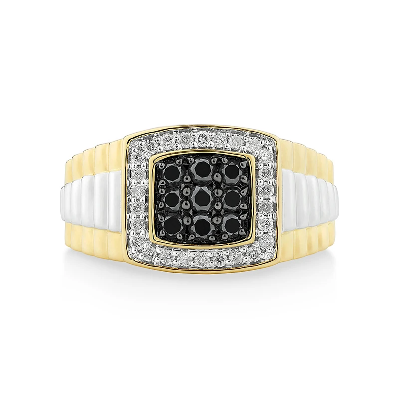 Bague en or blanc et jaune 10 K à diamants blancs et noirs rehaussés totalisant 0,75 ct pour homme