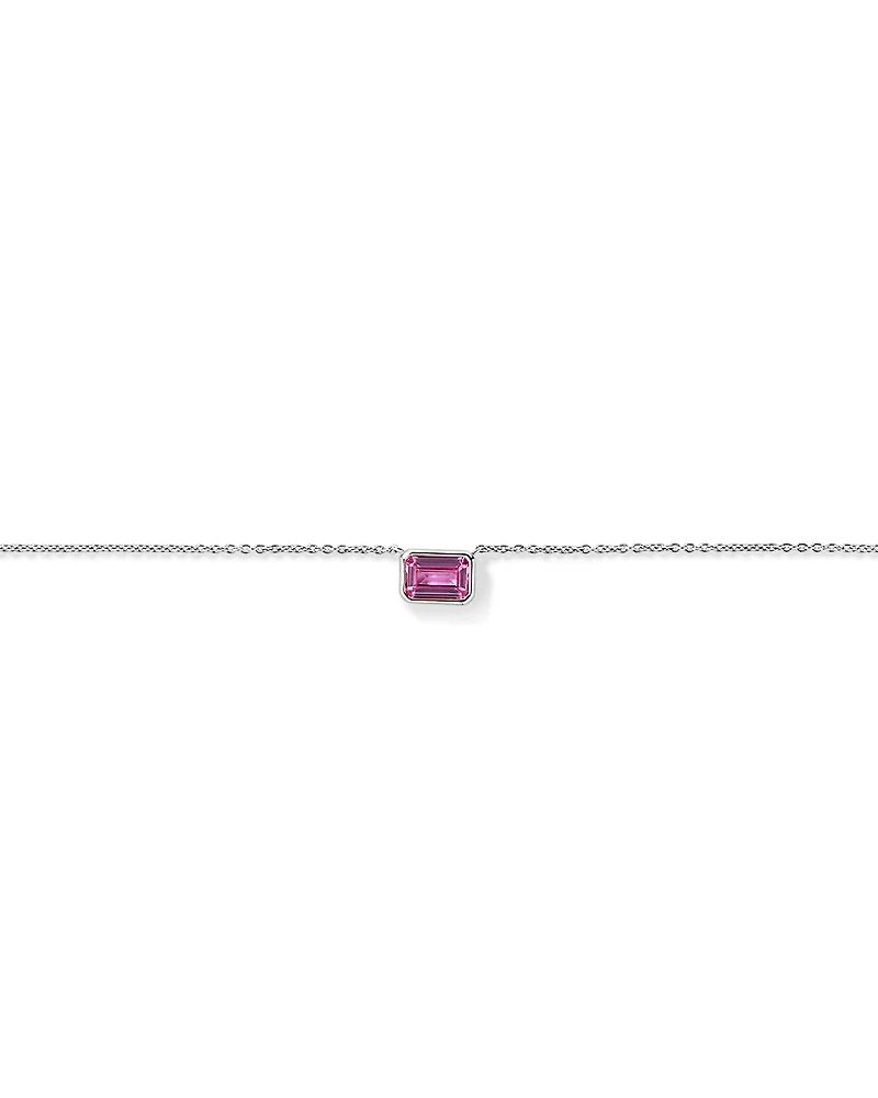 Emerald Cut Pink Created Sapphire East-to-West Set Bezel Necklace with Chain in 10kt Gold