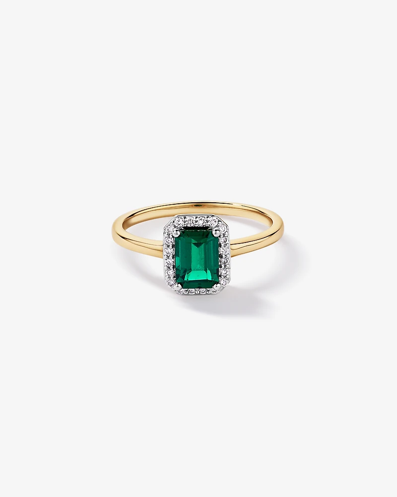 Created Emerald & 0.10 Carat TW Laboratory-Grown Diamond Halo Ring 10kt Yellow Gold and Rhodium