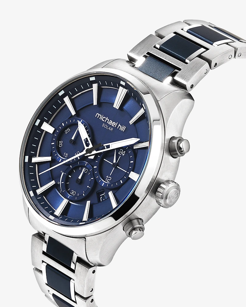 Montre à énergie solaire en acier inoxydable bleu pour homme