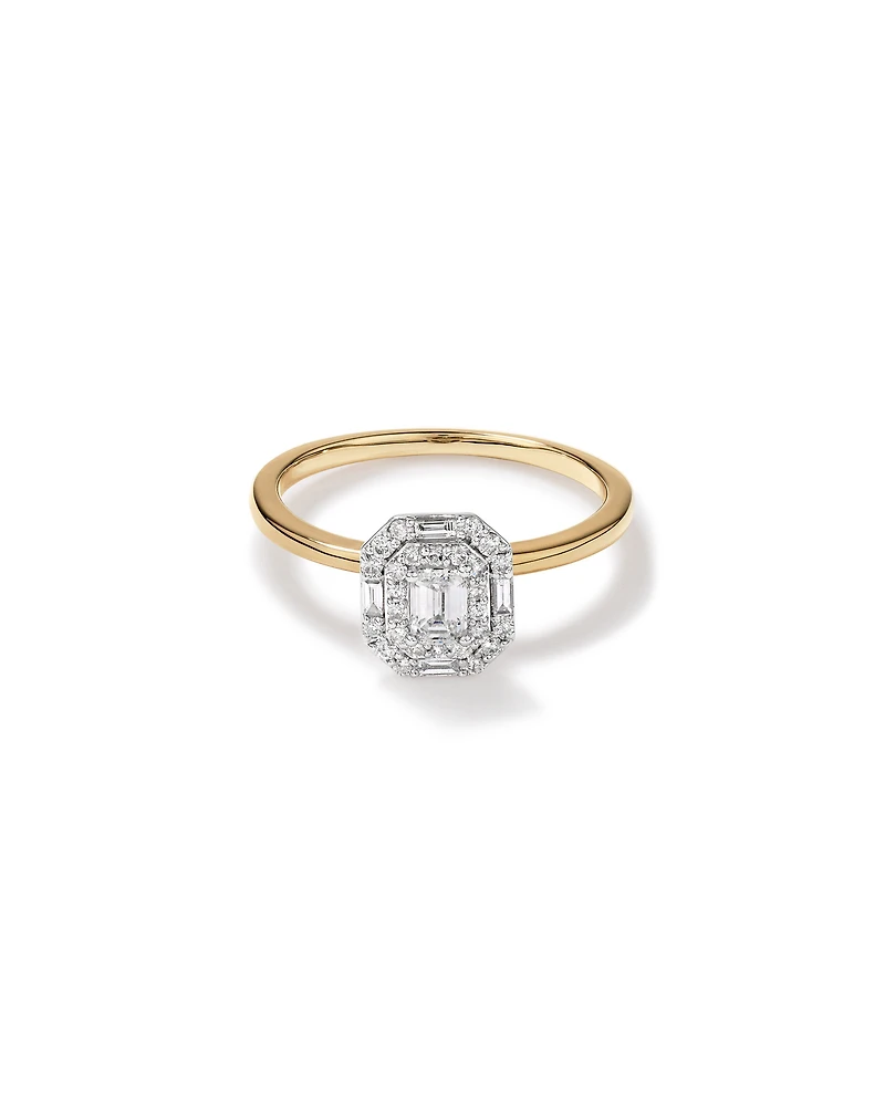 0.51 Carat TW Emerald Cut Diamond Baguette and Round Brilliant Halo Engagement Ring in 14kt Yellow and White Gold