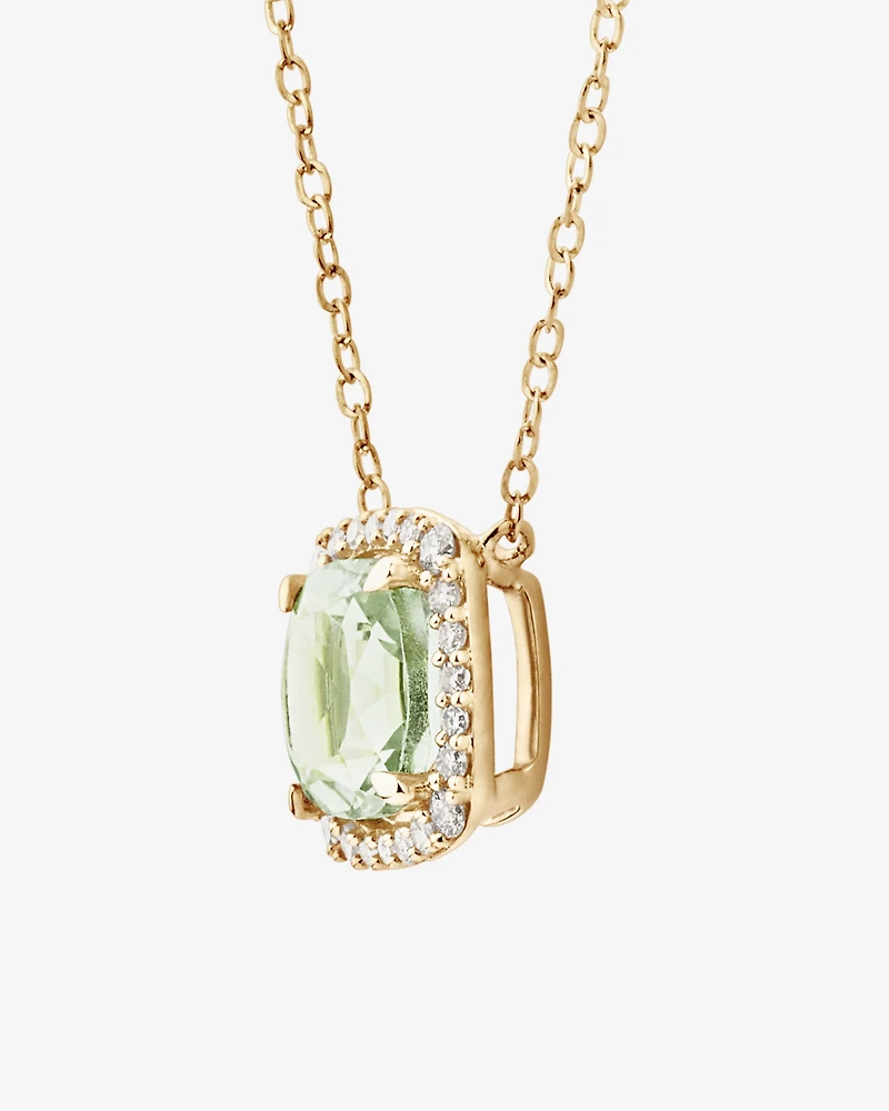 Collier en or jaune 10 K à améthyste verte avec un halo de diamants totalisant 0,15 ct