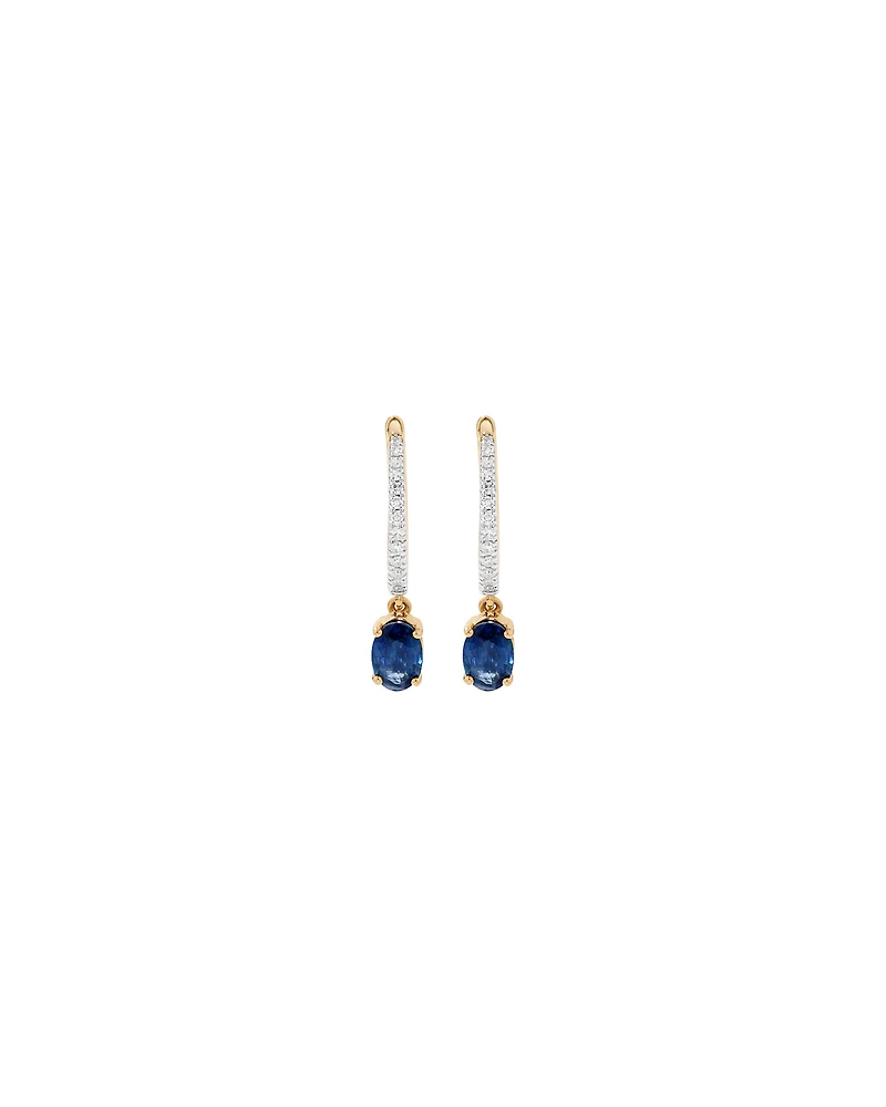 Australian Sapphire Oval Cut & 0.15 Carat TW Diamond Hoop Drop Earrings in 10kt Yellow Gold with Rhodium