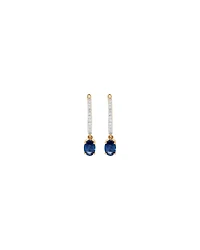 Australian Sapphire Oval Cut & 0.15 Carat TW Diamond Hoop Drop Earrings in 10kt Yellow Gold with Rhodium