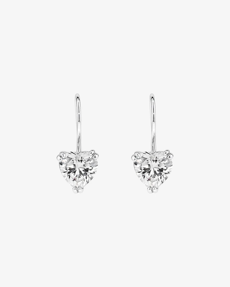 Love Heart Shaped Cubic Zirconia Drop Shepherds Hook Earrings in Sterling Silver