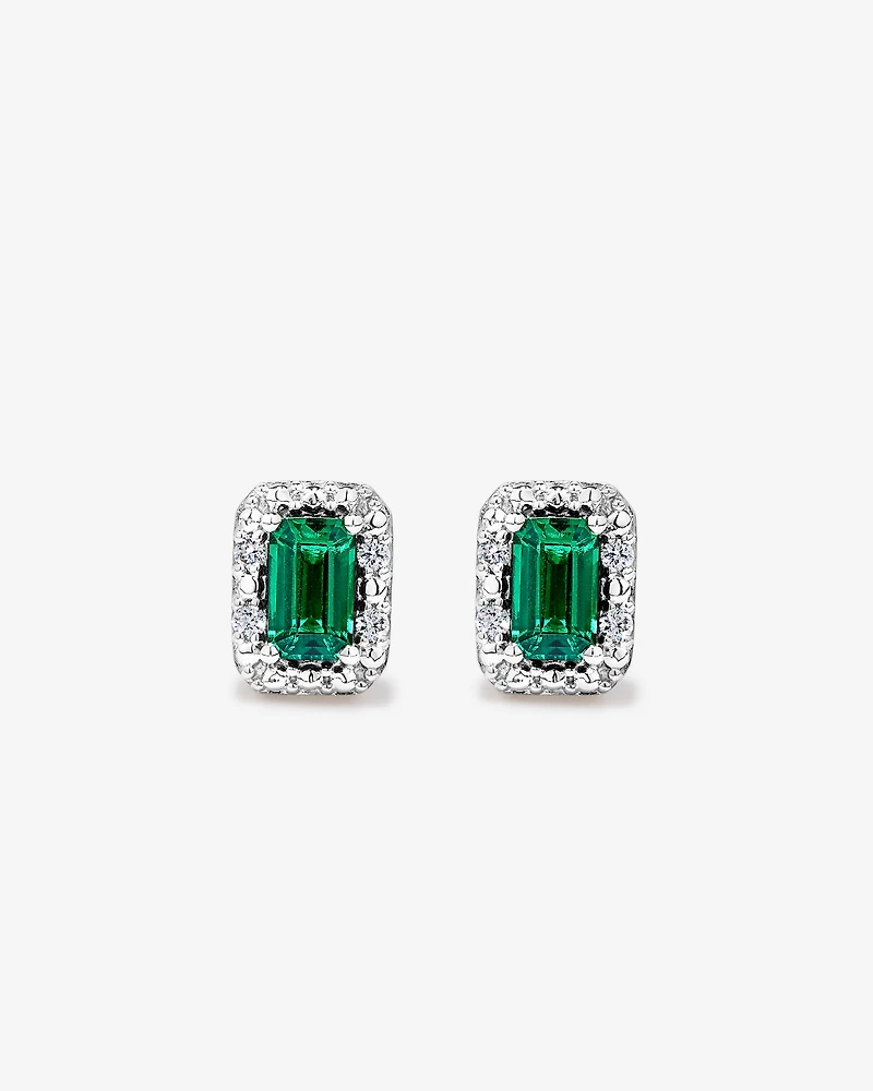 Created Emerald & 0.10 Carat TW Laboratory-Grown Diamond Halo Ring in 10kt Yellow Gold and Rhodium