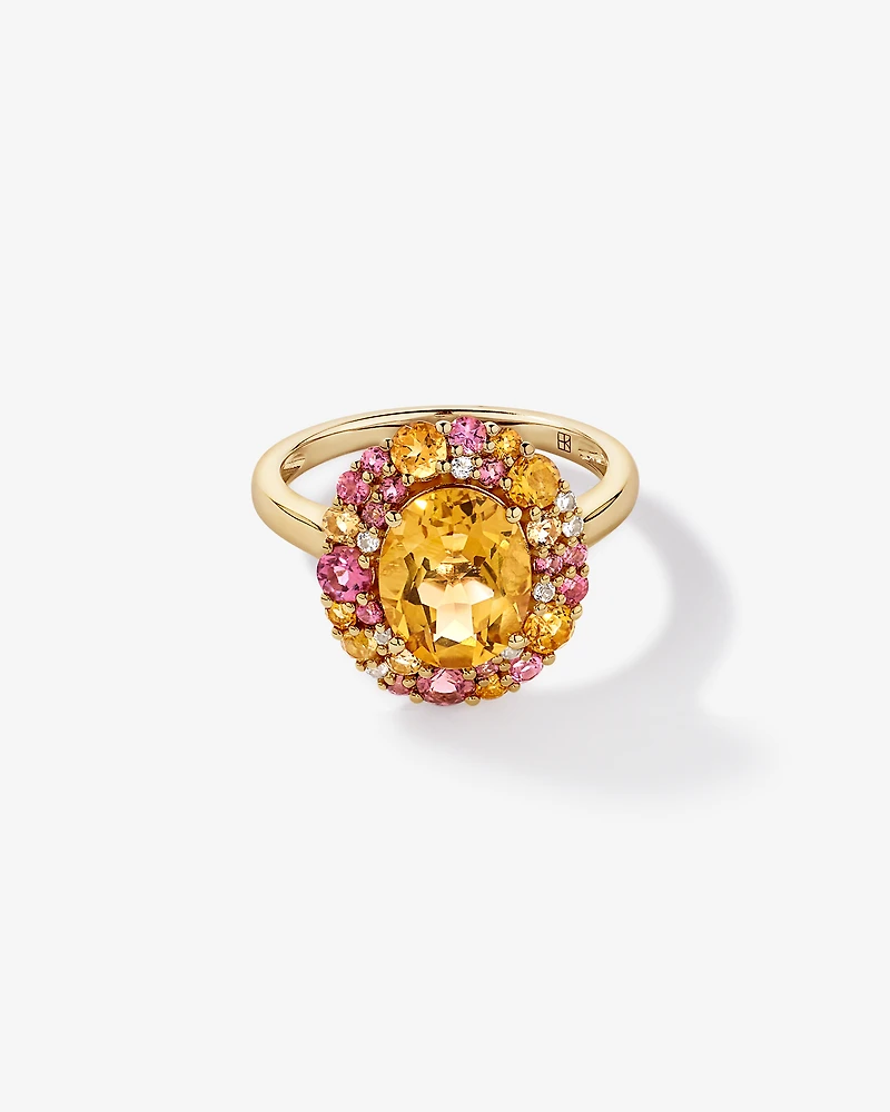 Oval Cut Citrine, Pink Tourmaline & White Topaz Halo Ring 10kt Yellow Gold