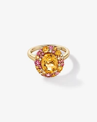 Oval Cut Citrine, Pink Tourmaline & White Topaz Halo Ring 10kt Yellow Gold