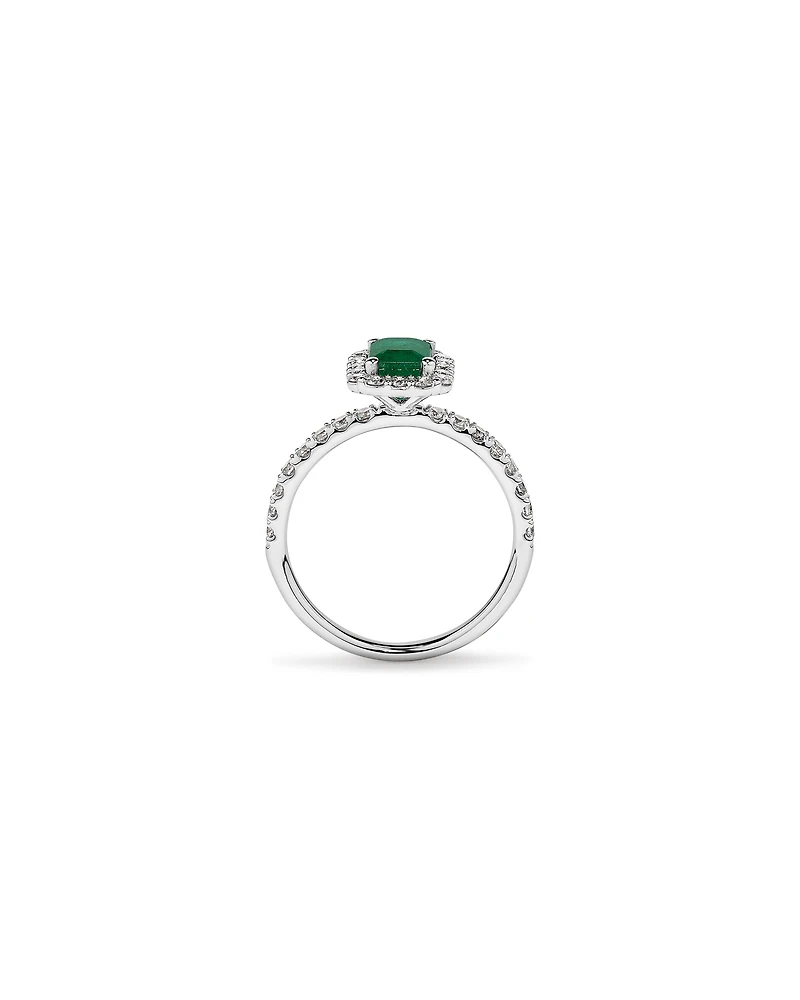 Emerald Cut Green Emerald Gemstone and 0.60 Carat TW Diamond Halo Ring in 14kt White Gold