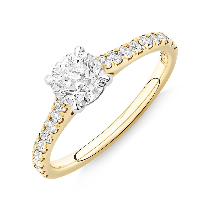 Bague de fiançailles avec 1 1/4 carat de diamants en or jaune/blanc 14 carats