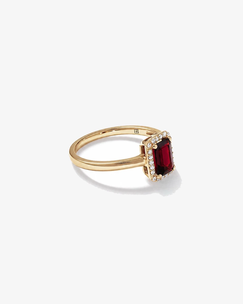 Emerald Cut Garnet and Diamond Halo Ring 10kt Yellow Gold