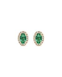 Oval Cut Green Emerald Gemstone and 0.09 Carat TW Diamond Halo Stud Earrings in 10kt Yellow Gold