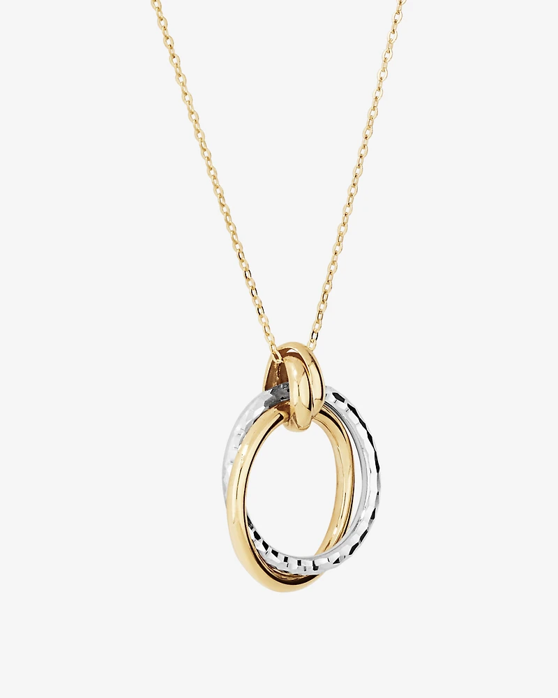Collier pendentif à double cercle deux tons avec finition martelée en or blanc et jaune 10 kt