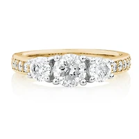 Bague de fiançailles en or blanc et jaune 14 K avec trois pierres et diamants totalisant 1,5 ct
