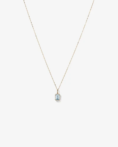 Emerald Cut Aquamarine and Diamond Halo Pendant with Chain in 10kt Yellow Gold