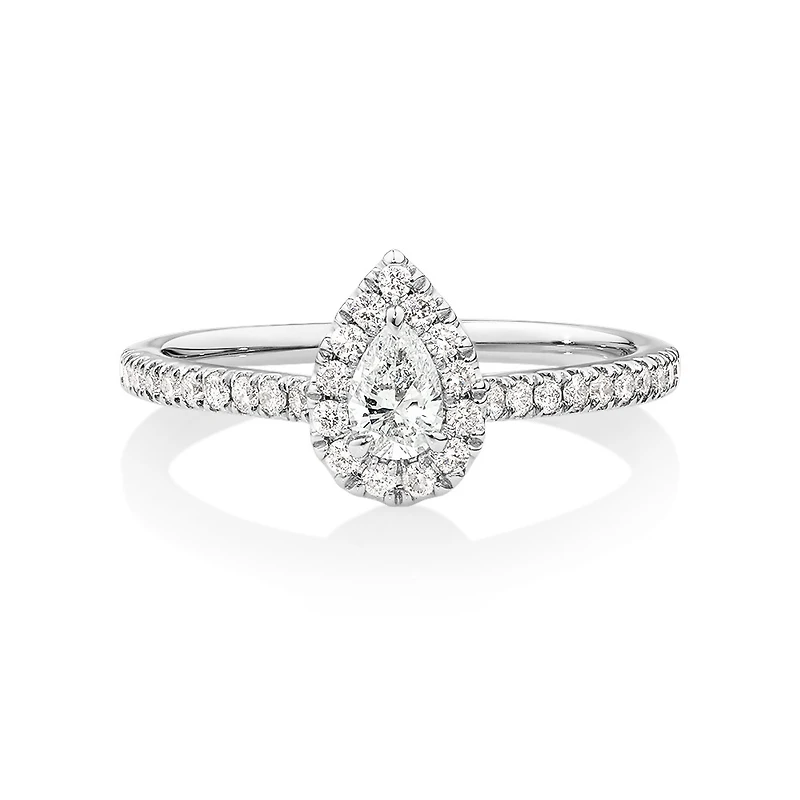 Bague halo poire avec diamants de 0,50 carat en or blanc 14 carats