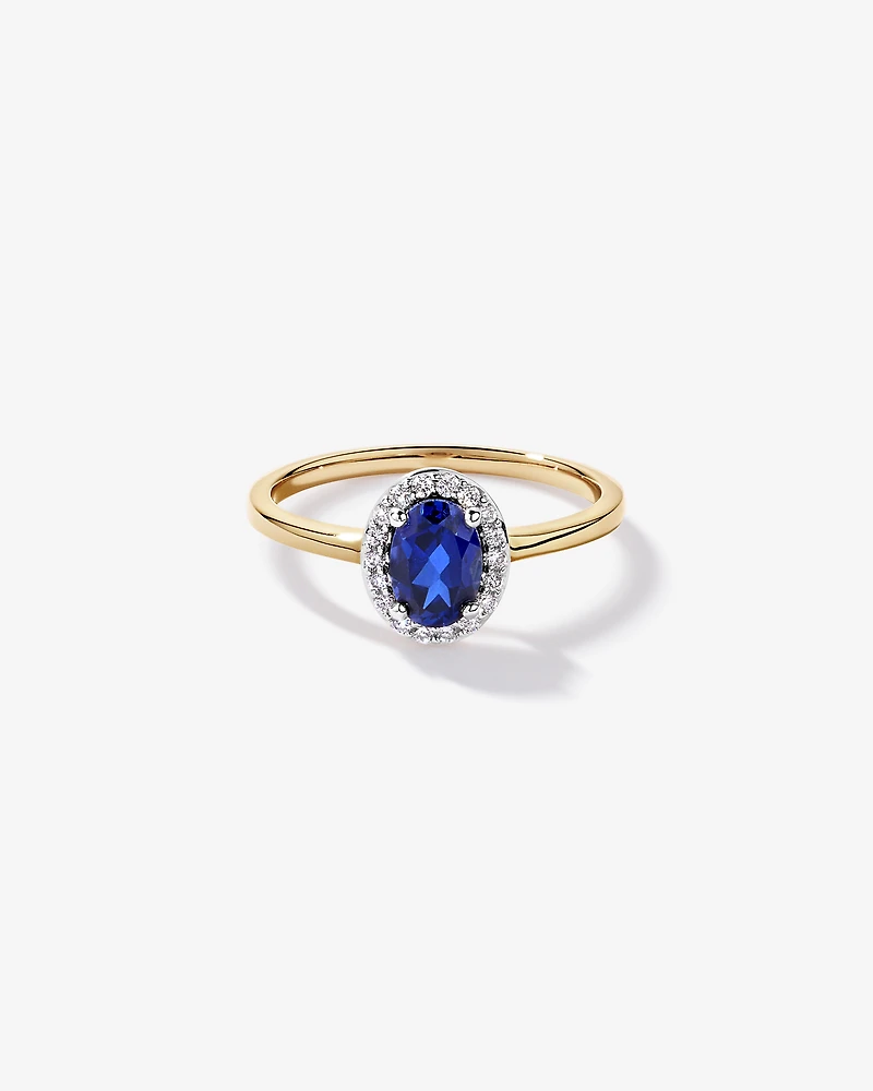 Created Sapphire & 0.10 Carat TW Laboratory-Grown Diamond Halo Ring 10kt Yellow Gold and Rhodium