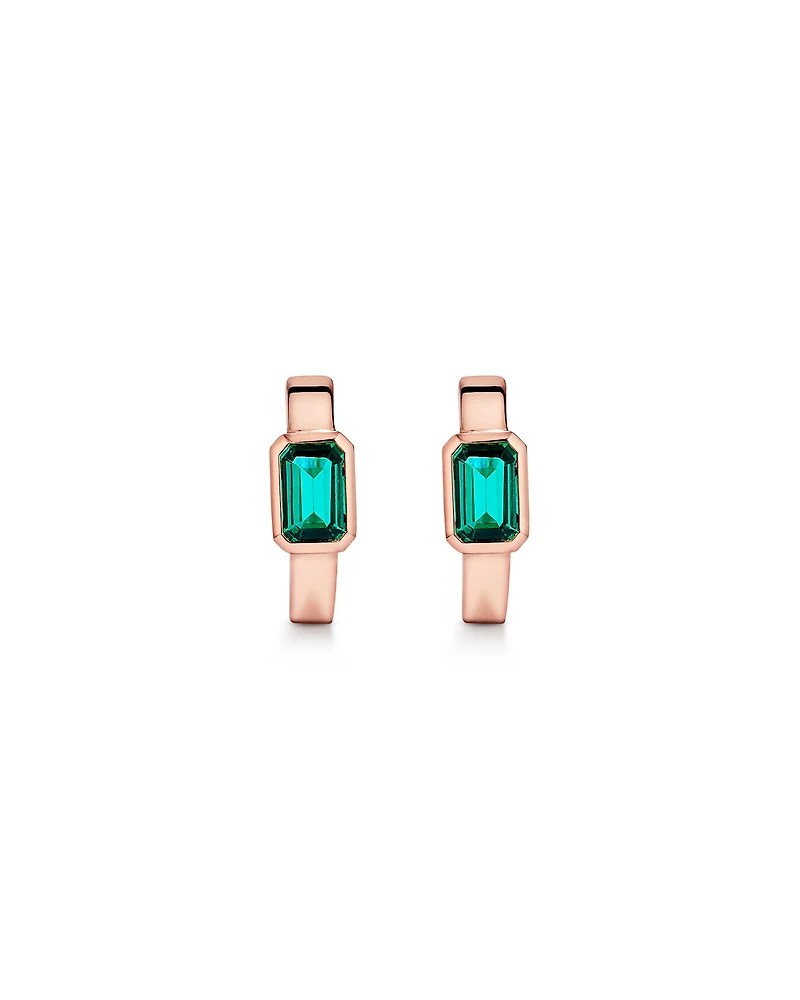Created Emerald Bezel Huggie Earrings in 10kt Rose Gold