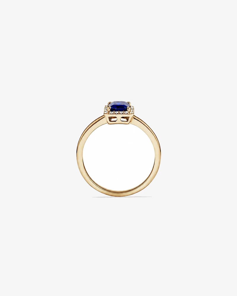 Emerald Cut Created Sapphire and Diamond Halo Ring 10kt Yellow Gold