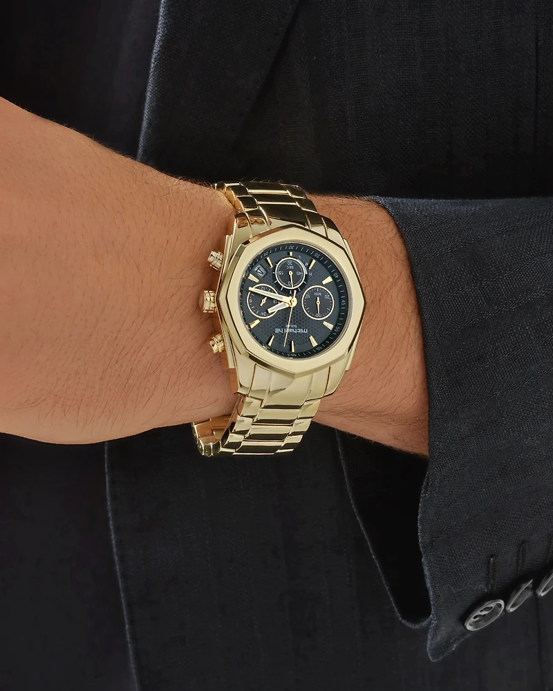 Montre chronographe solaire en acier inoxydable doré pour homme