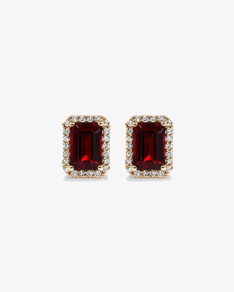 Emerald Cut Garnet and Diamond Halo Earrings in 10kt Yellow Gold