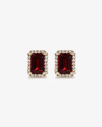 Emerald Cut Garnet and Diamond Halo Earrings in 10kt Yellow Gold