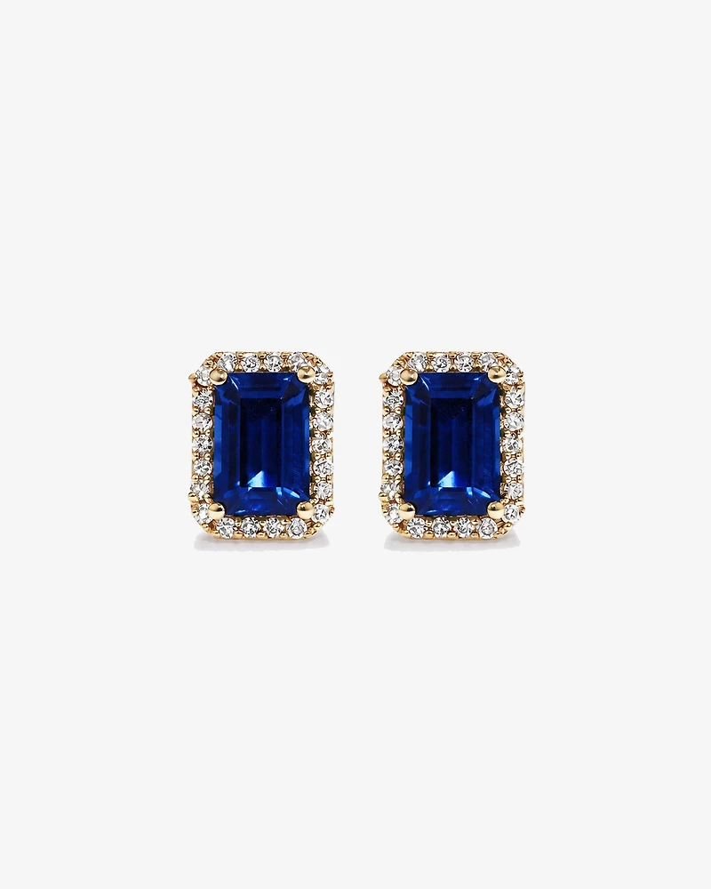Emerald Cut Created Sapphire and Diamond Halo Earrings in 10kt Yellow Gold