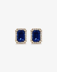 Emerald Cut Created Sapphire and Diamond Halo Earrings in 10kt Yellow Gold