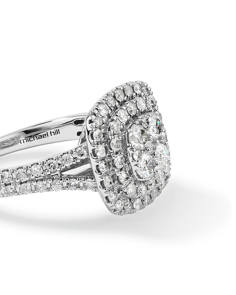 1.30 Carat TW Cushion Shaped Cluster Halo Diamond Ring in 10kt White Gold