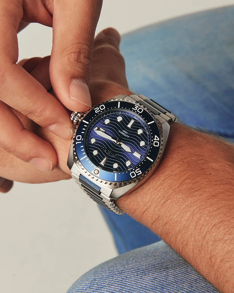 Montre Automatique Pour Hommes Deux Tons En Acier Inoxydable Teinte Bleue