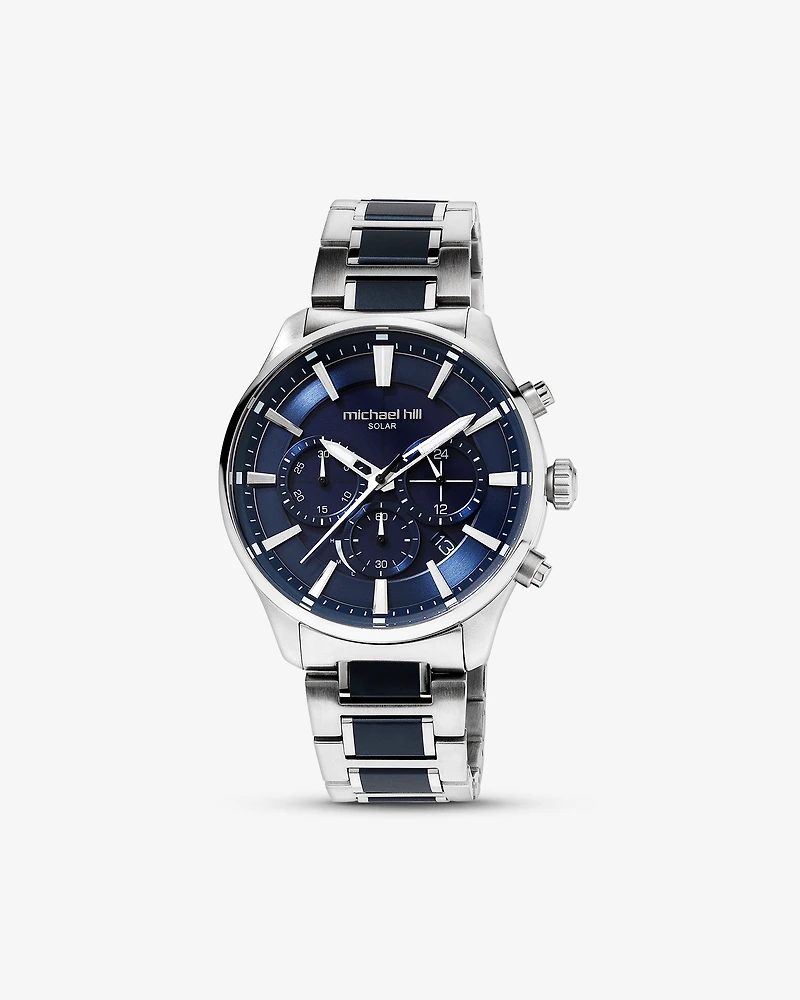 Montre à énergie solaire en acier inoxydable bleu pour homme