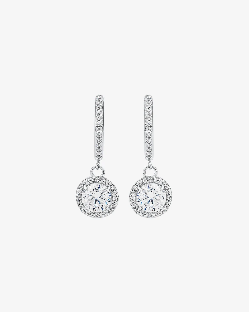 Round Brilliant Cubic Zirconia Halo Drop Hoop Earrings in Sterling Silver