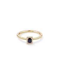 Emerald Cut Blue Sapphire Gemstone and 0.09 Carat TW Diamond Halo Ring in 10kt Yellow Gold