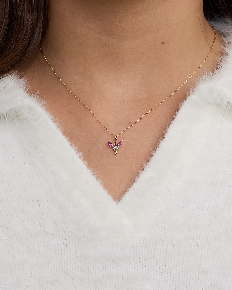 Pendentif fée pour enfants avec zirconie cubique rose en or jaune 10 kt