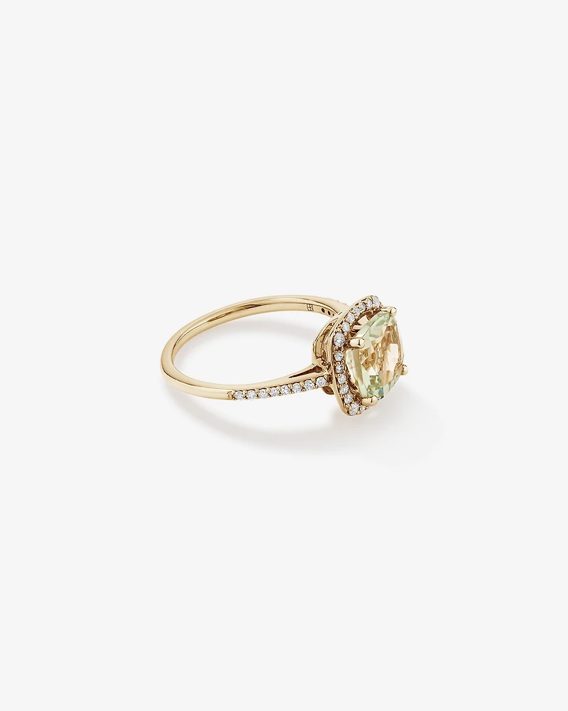 Bague Halo Avec Pierre Précieuse Améthyste Verte Taille Coussin Et 0,25 Carat Pt De Diamants En Or Jaune 10 Ct