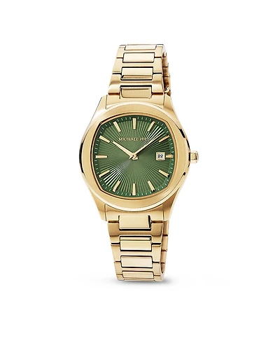 Quartz Watch in Gold Tone with Sunray-Patterned Green Dial