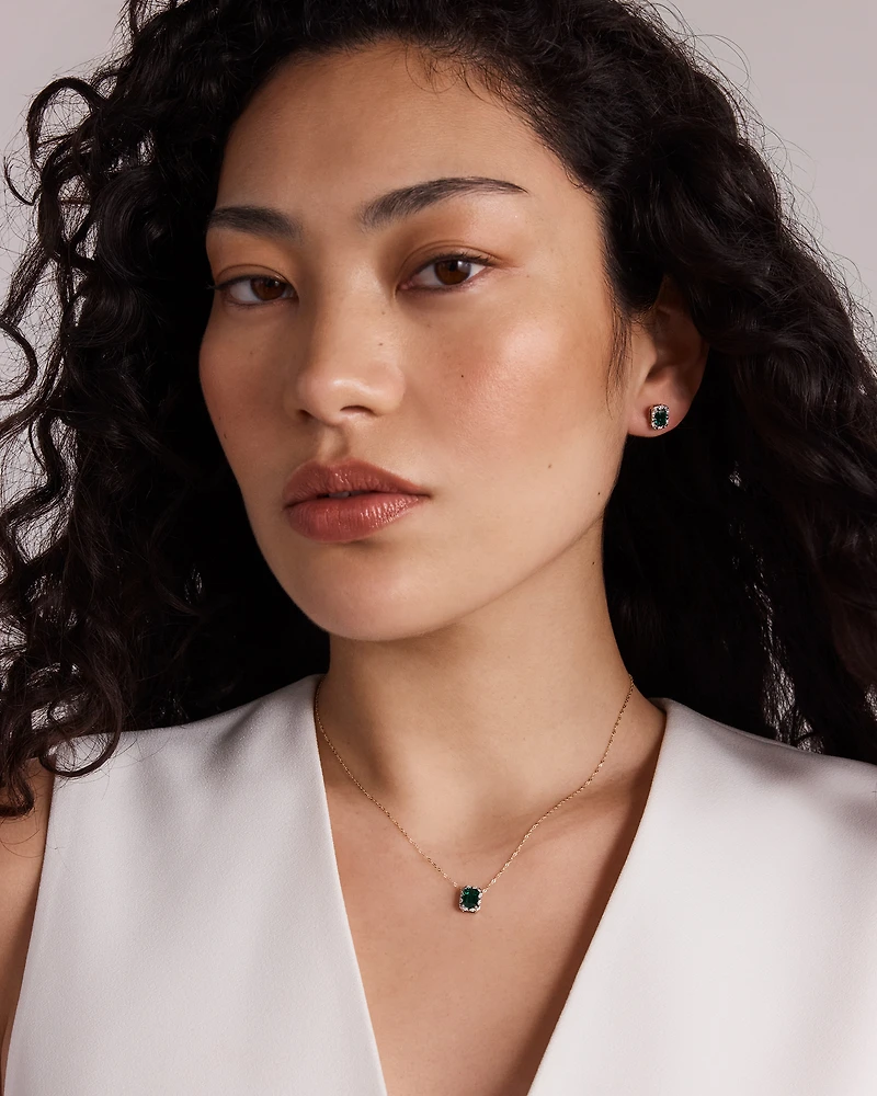 Emerald Cut Green Created Emerald and Lab-Grown Diamond Halo Stud Earrings and Pendant Necklace Set in 10kt Yellow Gold and Rhodium