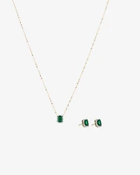Emerald Cut Green Created Emerald and Lab-Grown Diamond Halo Stud Earrings and Pendant Necklace Set in 10kt Yellow Gold and Rhodium