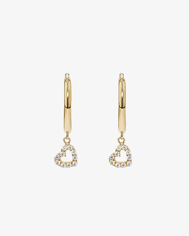 Boucles d'Oreilles Créoles Clous avec Breloque Cœur Ouvert en Zircon Cubique en Or Jaune 10 kt