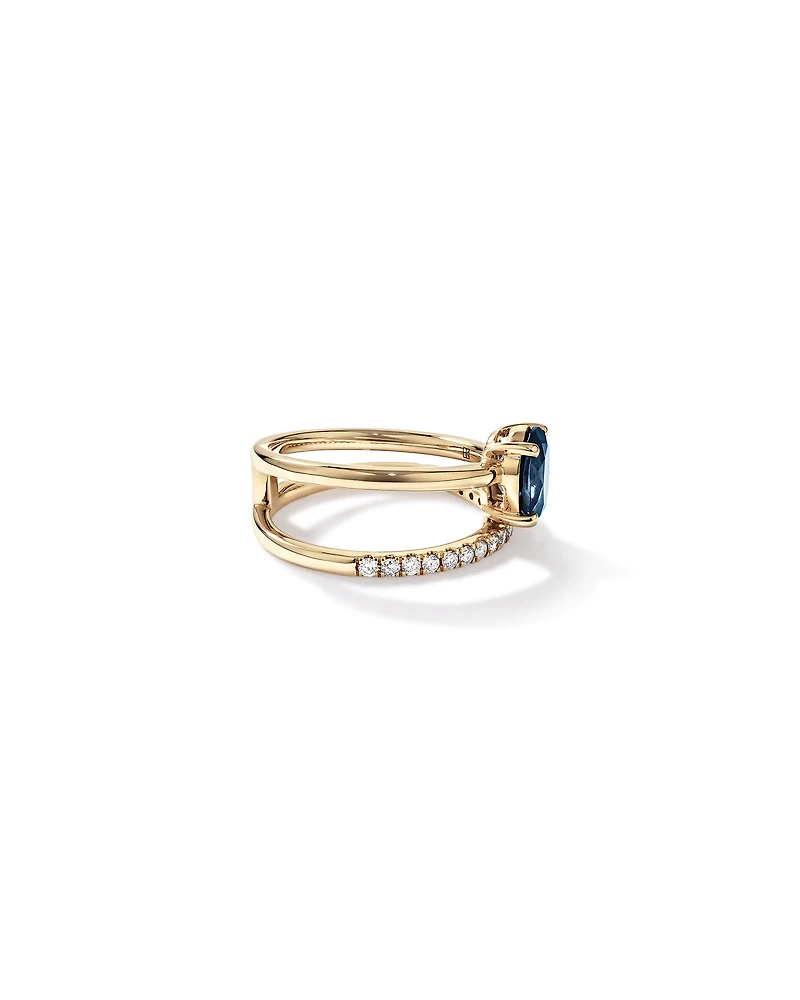 London Blue Topaz Double Band Ring with 0.25 Carat TWof  Diamonds in 10kt Yellow Gold
