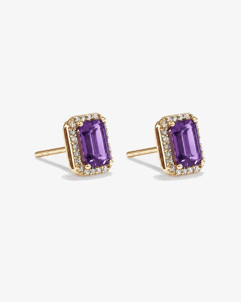 Emerald Cut Amethyst and Diamond Halo Earrings in 10kt Yellow Gold