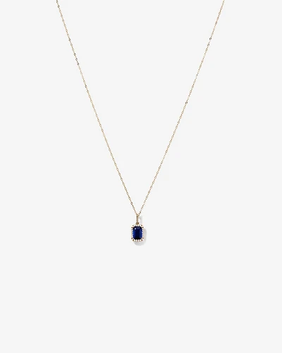 Pendentif halo Saphir créé taille émeraude avec diamants et chaîne en or jaune 10 ct