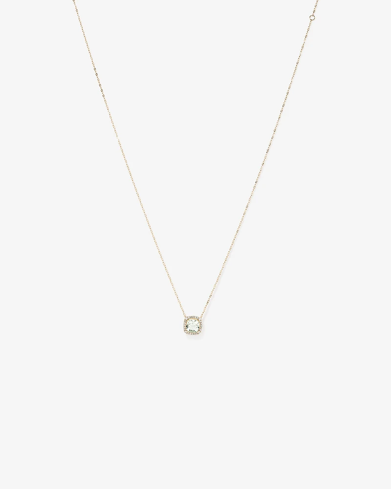 Cushion Cut Green Amethyst Gemstone and 0.15 Carat TW Diamond Halo Pendant Necklace in 10kt Yellow Gold