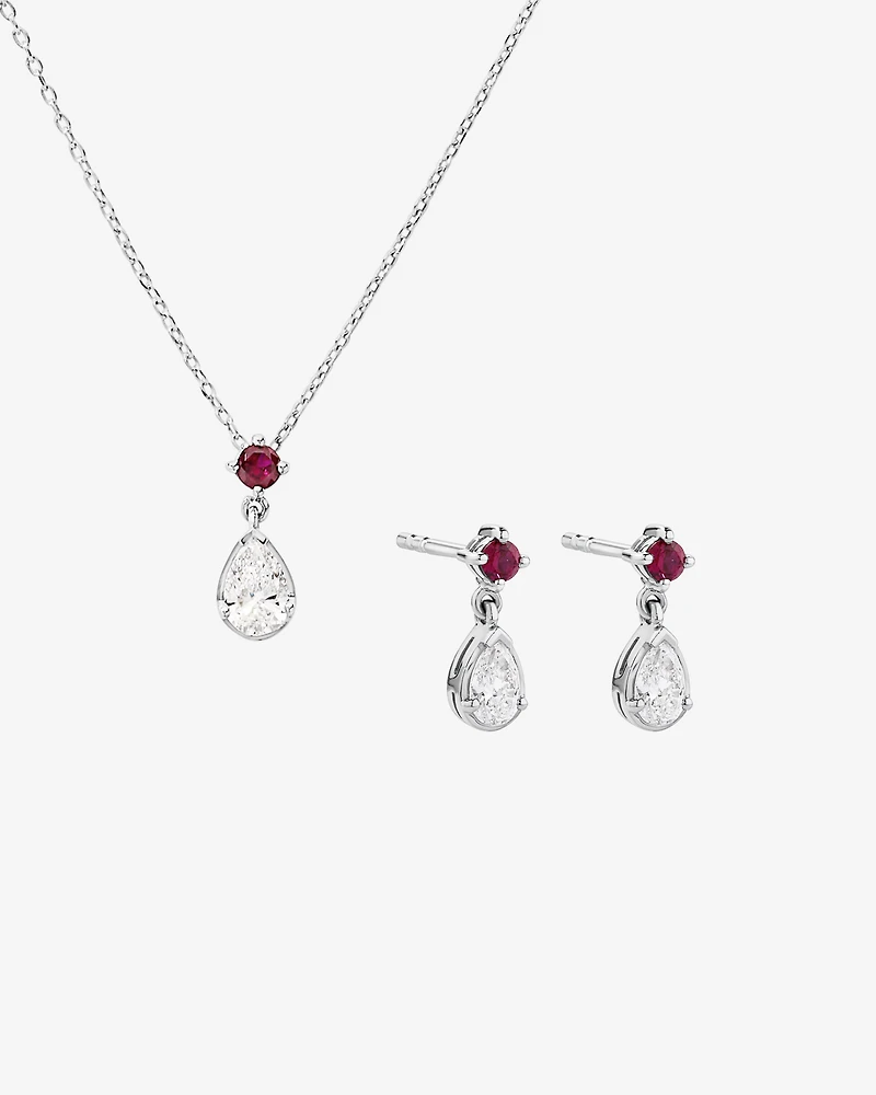 0.74 Carat TDW Pear Laboratory-Grown Diamond & Created Ruby Pendant and Earring Gift Set in Silver
